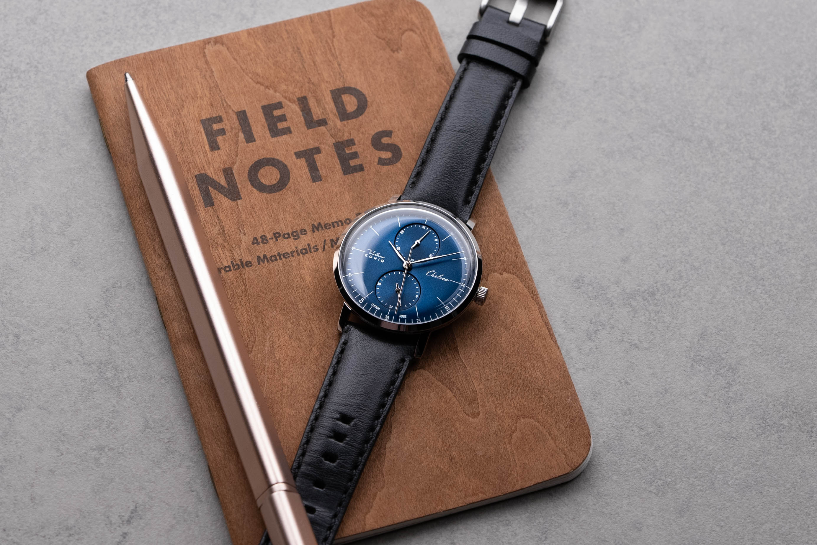 Valais mechanical quartz hybrid custom watch with Bauhaus style. Minimalist vintage case with box dome crystal