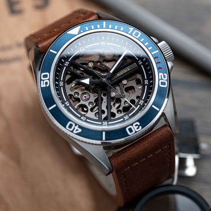 EONIQ dive watch (Skeleton dive watch) - custom watch with seiko movement and free name engraving -  with brown leather strap